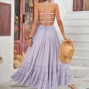 R.Vivimos Summer Boho Halterneck Long Maxi Dress Sleeveless Ruffle Hem Dress